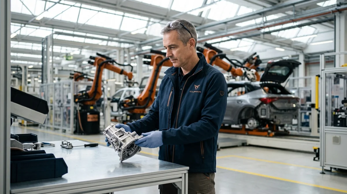 Ingénieur automobile examinant une pièce mécanique dans l'usine de Martorell, lieu où l'on fabrique la marque Cupra.