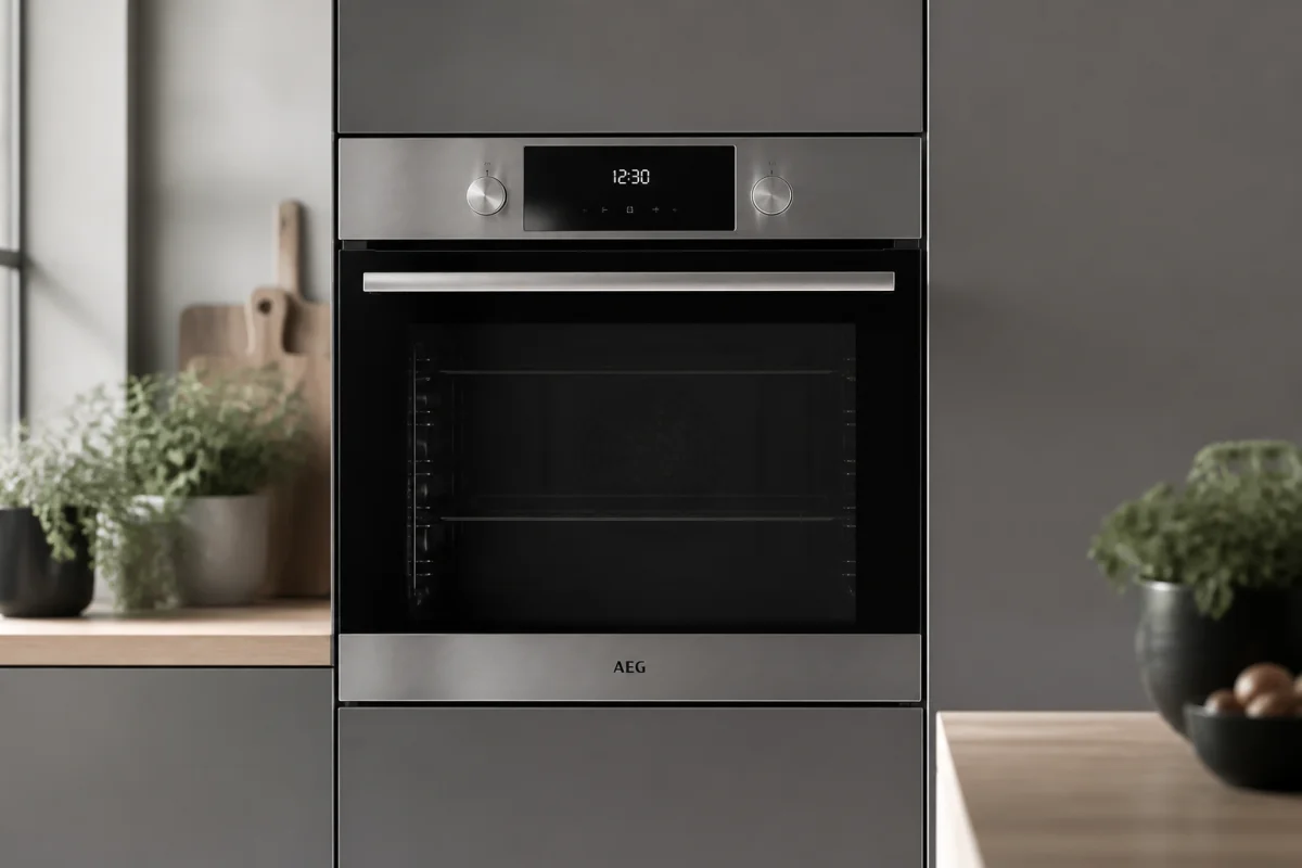 Four encastrable moderne en acier inoxydable et verre noir installé dans une cuisine contemporaine lumineuse.