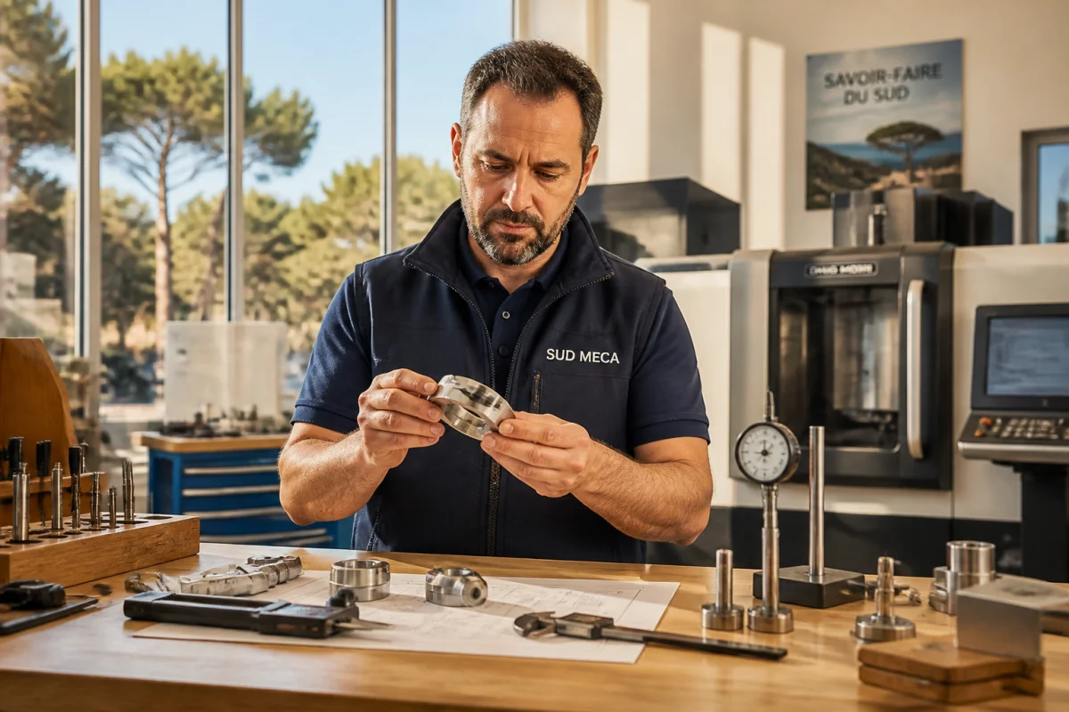 Ingénieur expert examinant une pièce mécanique dans l'atelier de fabrication moderne Isotech, symbole du savoir-faire industriel français.