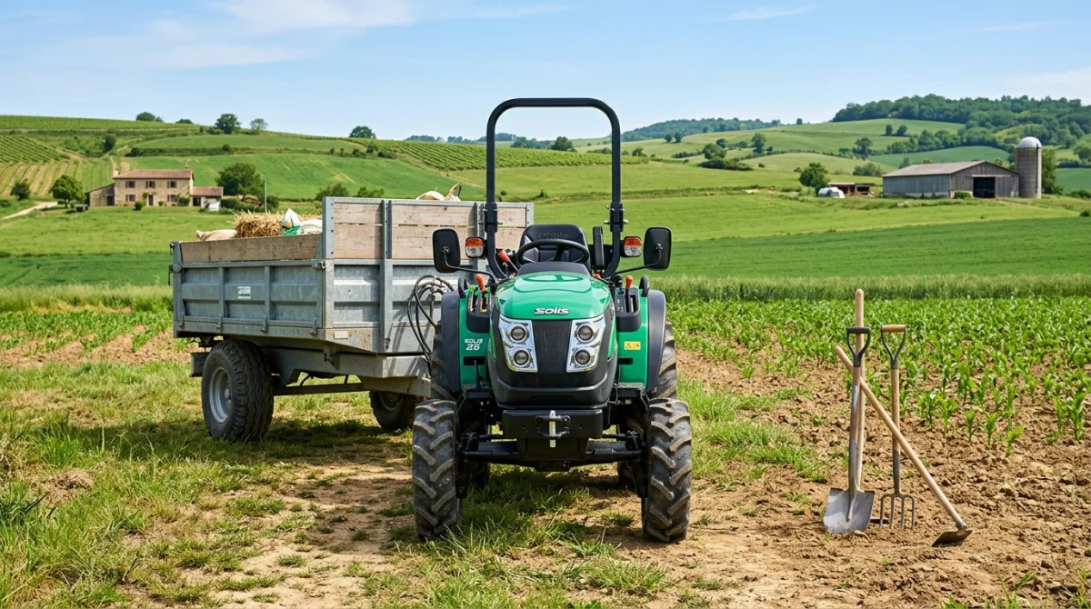 Micro-tracteur moderne avec remorque agricole dans un champ, illustrant le matériel robuste fabriqué par Liderfarm.