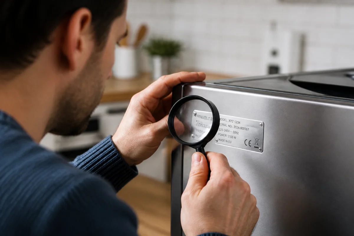 Personne examinant la plaque signalétique d'un appareil électroménager pour identifier qui fabrique la marque Sauter.