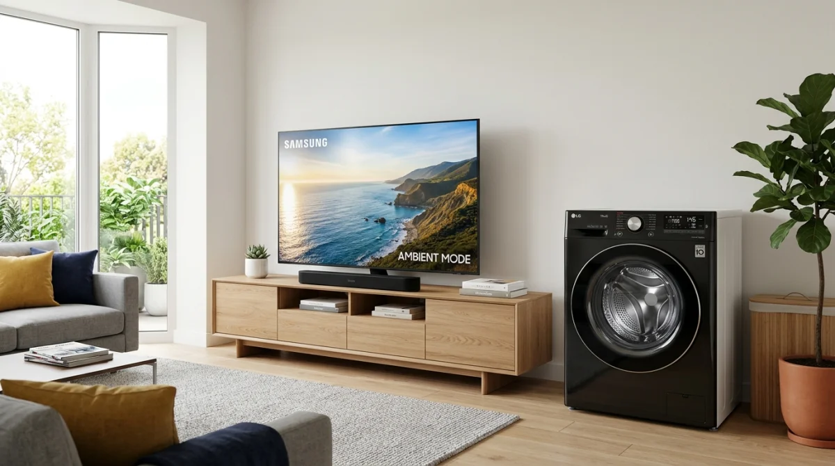 Téléviseur moderne et lave-linge dans un salon minimaliste pour illustrer qui fabrique la marque Technical.