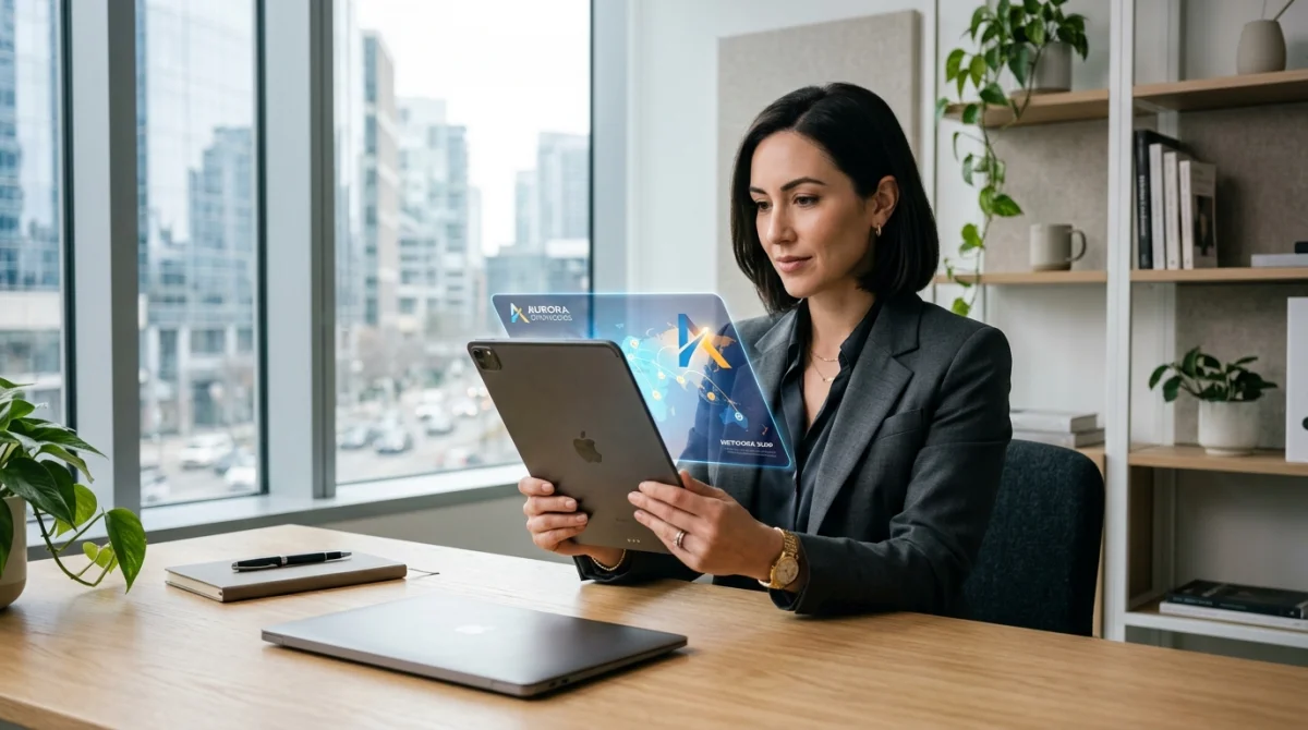 Professionnel consultant une tablette dans un bureau moderne pour découvrir qui fabrique Outigo avec élégance.