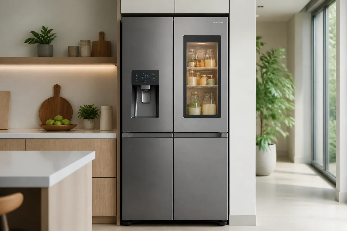 Réfrigérateur moderne en acier inoxydable dans une cuisine épurée, illustrant la qualité des appareils fabriqués par Beko.