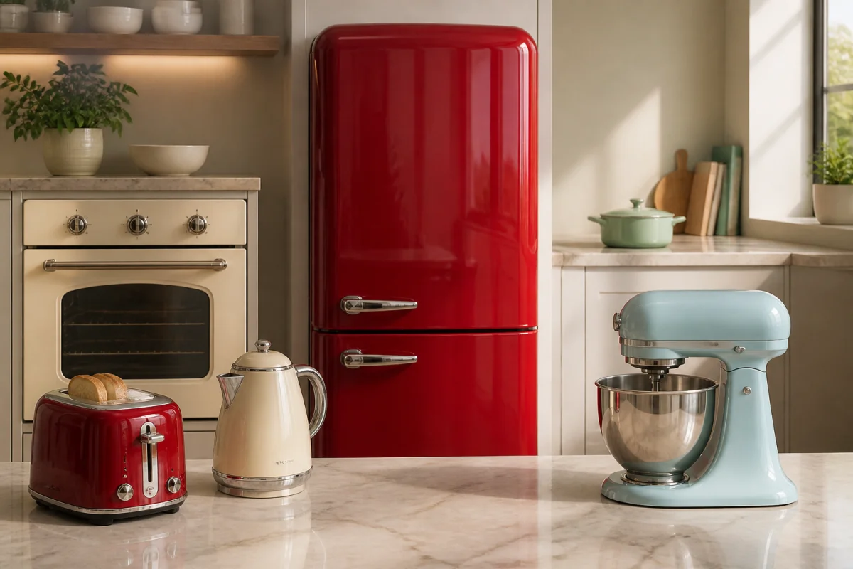 Ensemble d’appareils électroménagers rétro dans une cuisine contemporaine, illustrant qui fabrique la marque Smeg