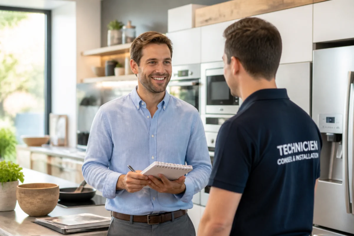 Conseiller professionnel discutant avec un technicien dans un showroom moderne pour en savoir plus sur qui fabrique Laurus électroménager.