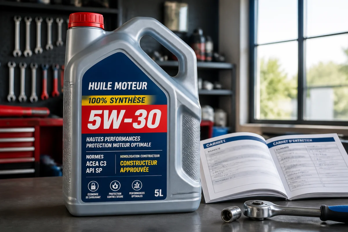 Bidon générique d’huile moteur 5W-30, étiquette indiquant normes ACEA et API, dans un garage automobile avec carnet d’entretien
