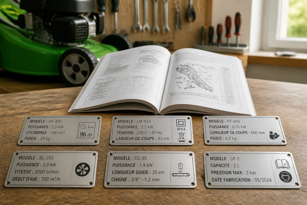 Notice technique et plaques signalétiques d’un appareil de jardinage dans un atelier lumineux, illustrant l’identification du fabricant Bestgreen
