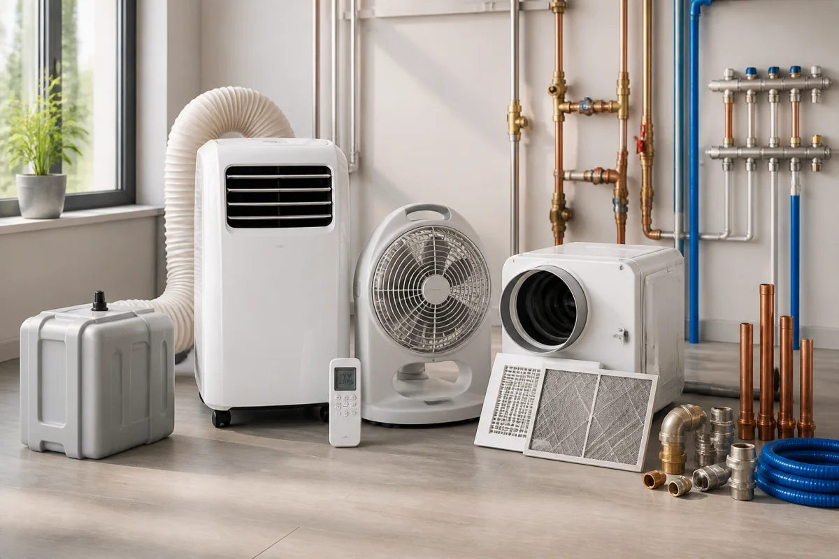 Gamme d’équipements Equation : climatiseur mobile, ventilateur, unité de ventilation et raccords de plomberie domestique