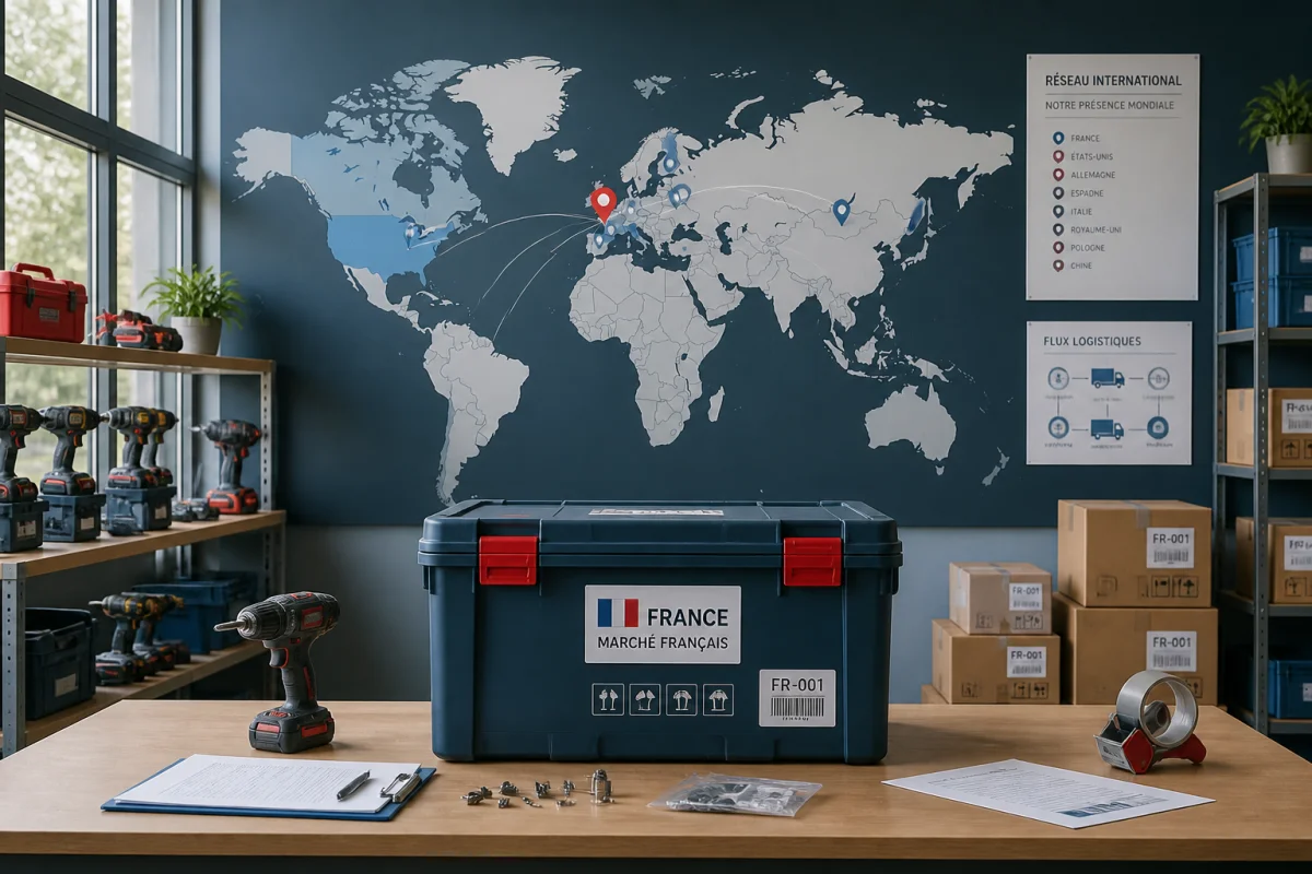 Carte mondiale et caisse de matériel illustrant qui fabrique la marque Evolution et sa distribution internationale en France.
