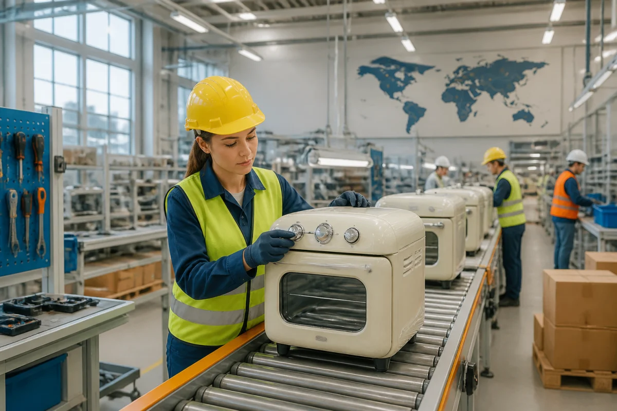 Ouvrière inspectant un appareil électroménager sur une chaîne de production industrielle moderne, sans logo Smeg visible