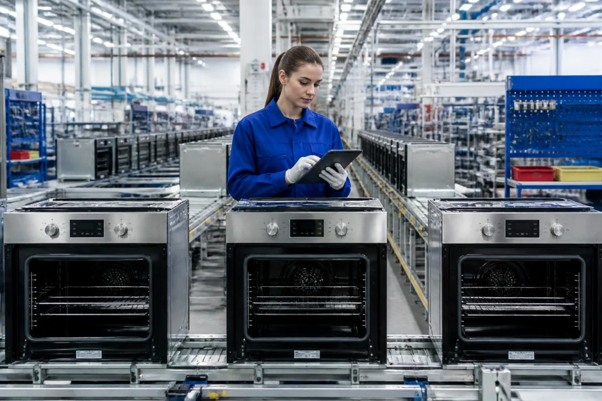 Ouvrière contrôlant l’assemblage de fours encastrables sur une ligne de production industrielle de la marque Rosières