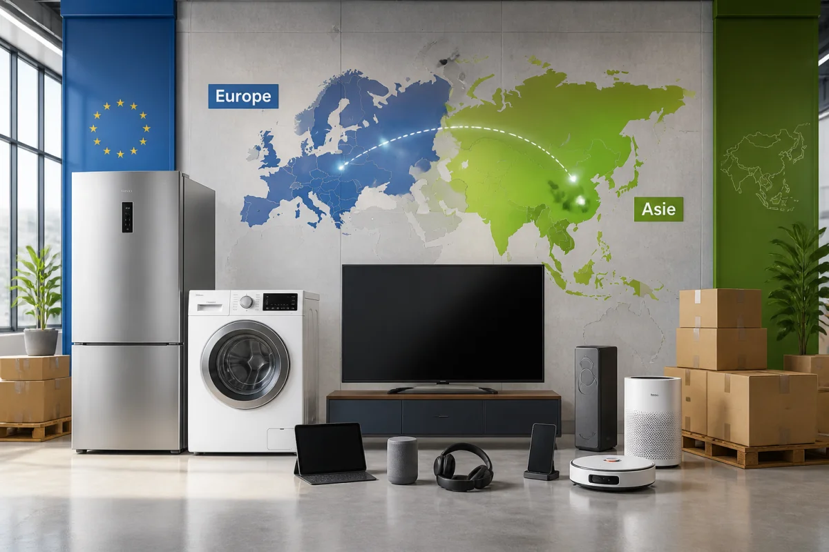 Produits électroménagers et high-tech de marque Boulanger, illustrant une fabrication internationale entre l’Europe et l’Asie