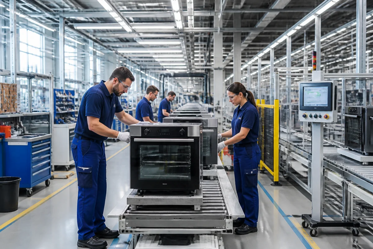 Ligne de production européenne d’appareils électroménagers encastrables, avec ouvriers contrôlant la fabrication de la marque Rosières