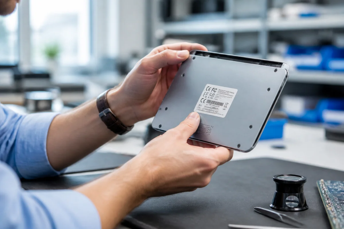 Technicien examinant une étiquette technique sur un appareil électronique pour vérifier qui fabrique les produits Hisense.