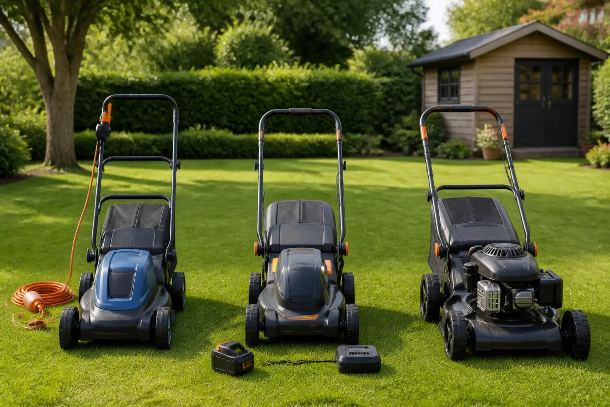 Trois équipements de jardinage Bestgreen alignés sur une pelouse, illustrant les motorisations filaire, à batterie et thermique.