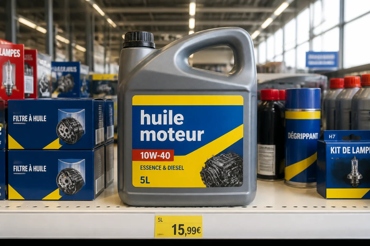 Bidon d’huile moteur générique en rayon automobile d’un magasin discount, illustrant qui fabrique l’huile moteur C&C