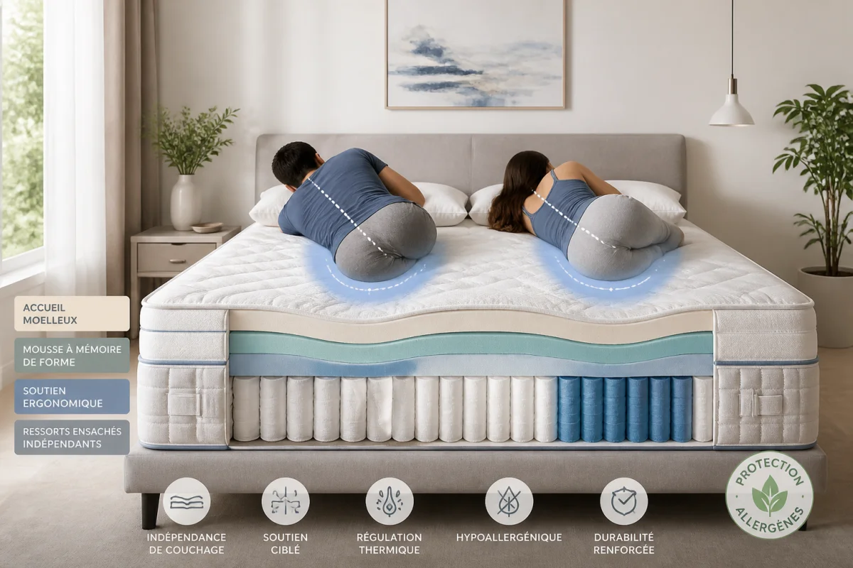 Matelas Sofitel haut de gamme en coupe, dévoilant ses couches ergonomiques dans une chambre contemporaine paisible.