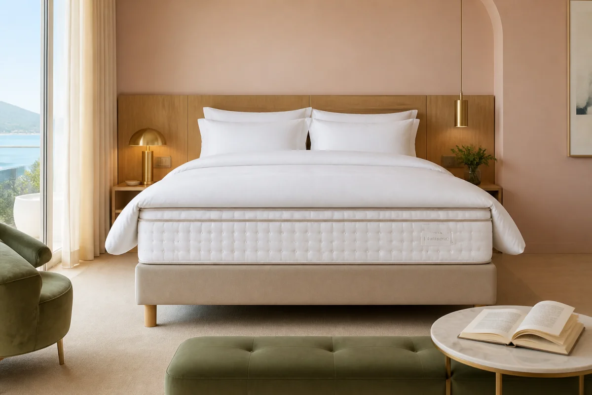 Matelas Sofitel haut de gamme présenté sur un lit complet, dans une chambre d’hôtel contemporaine et élégante