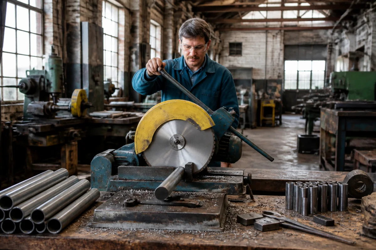 Atelier industriel de Sheffield fabriquant les outils de coupe à froid de la marque Evolution, avec scie circulaire métallique centrale