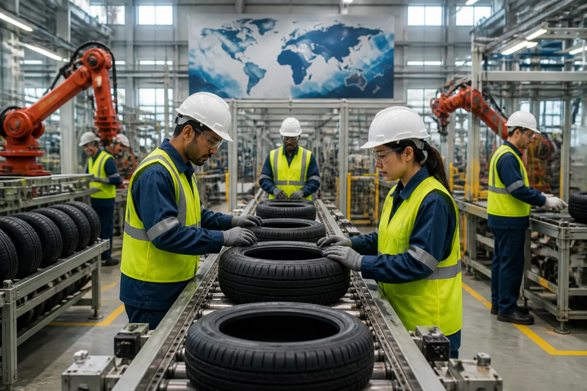 Ouvriers inspectant des pneus neufs sur une ligne de production industrielle internationale de Kumho, entourés de machines automatisées