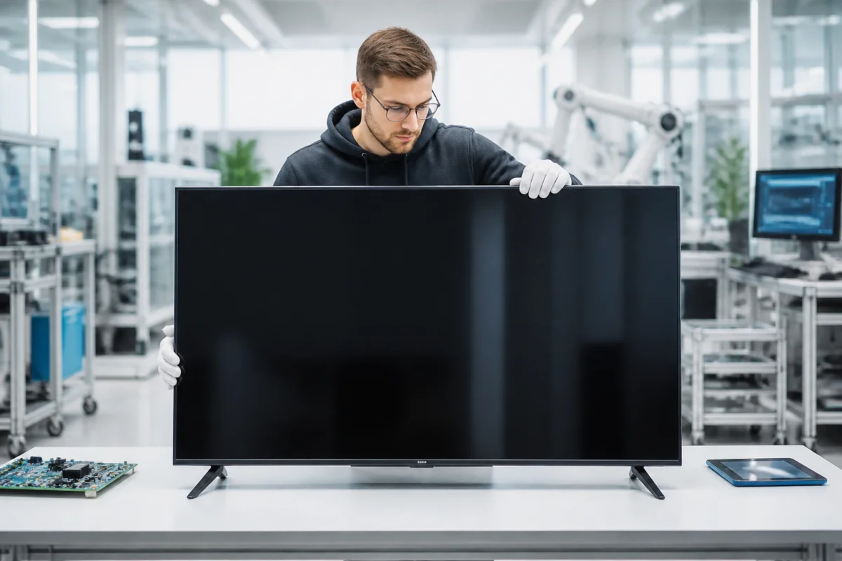 Expert technique inspectant un téléviseur Hisense ultra-fin dans un atelier de fabrication moderne et automatisé.