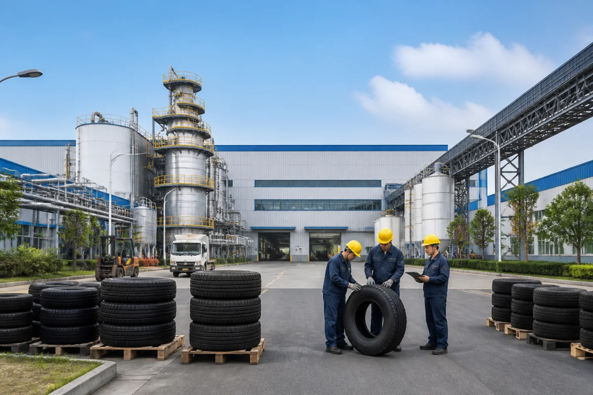 Usine moderne en Chine où sont fabriqués les pneus Kumho, avec employés inspectant des pneus noirs.