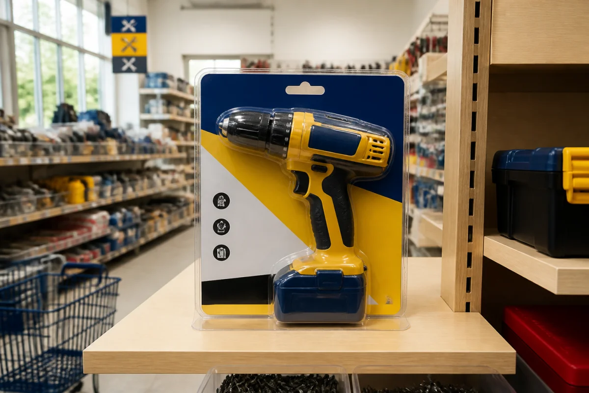 Outil de bricolage Werckmann d’entrée de gamme présenté dans un rayon de magasin, avec emballage générique coloré
