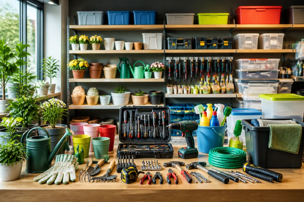 Gamme variée d’outils, articles de jardinage et produits ménagers en magasin, illustrant qui fabrique Werckmann