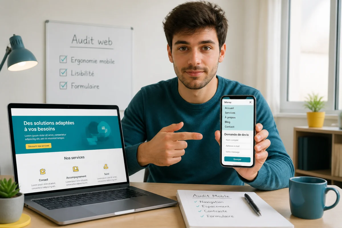 Débutant réalisant un audit de site web sur smartphone, vérifiant l’ergonomie mobile et l’accessibilité d’une interface.