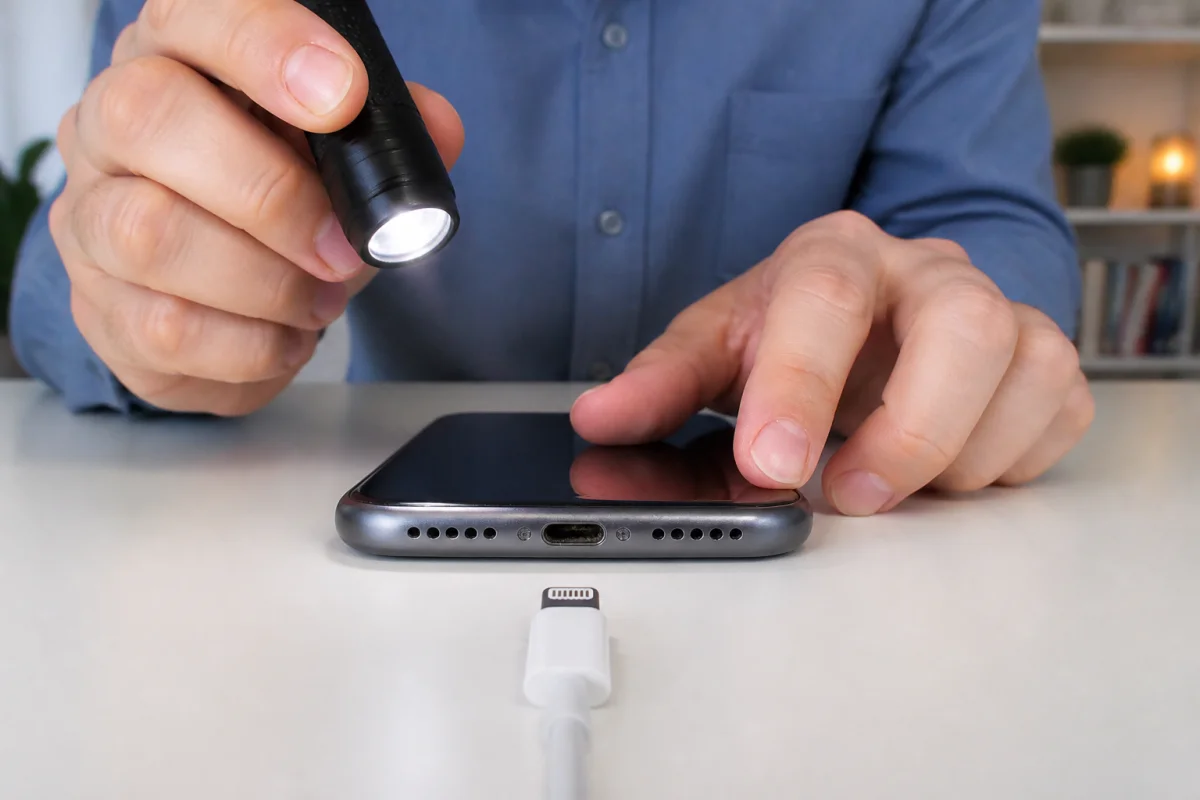 Diagnostiquer une panne de charge sur smartphone en inspectant soigneusement le port et le câble de recharge