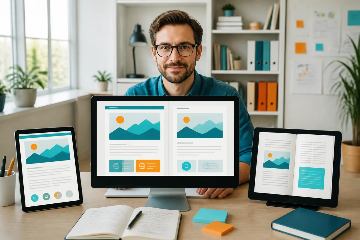 Docinfo accompagne un professionnel devant un écran présentant une même source éditoriale en page Web, PDF et livre numérique.