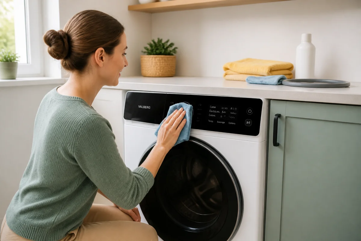 Personne nettoyant avec une microfibre la façade d’un appareil électroménager connecté éteint et débranché