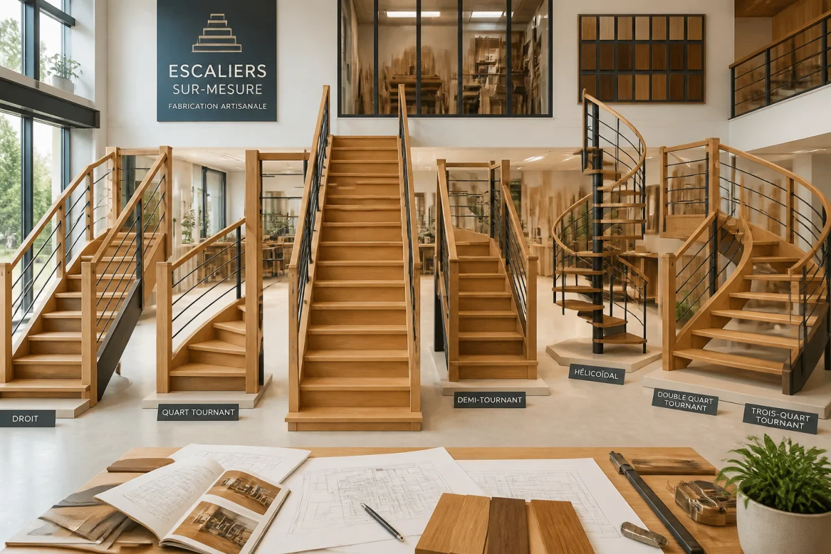 Showroom présentant plusieurs escaliers en bois sur mesure, réalisés par un fabricant d’escalier bois artisanal