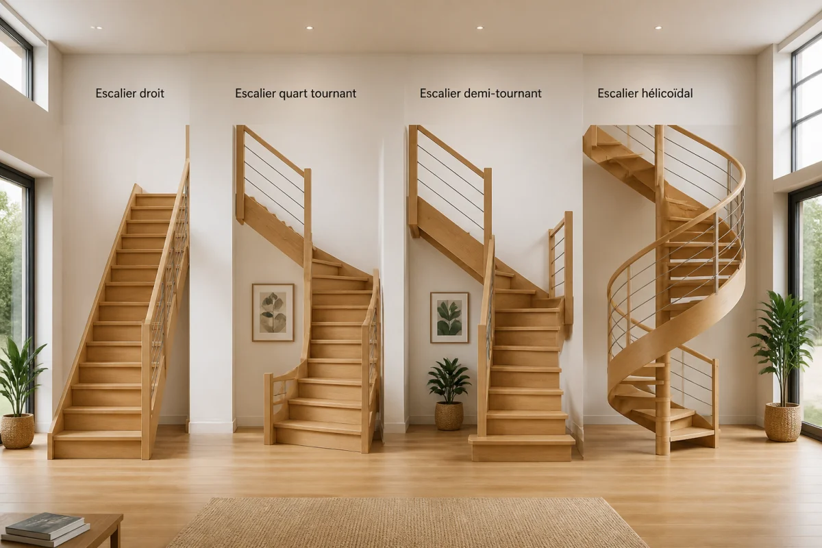 Quatre escaliers en bois sur mesure illustrent les modèles droit, quart tournant, demi-tournant et hélicoïdal d’un fabricant escalier bois.
