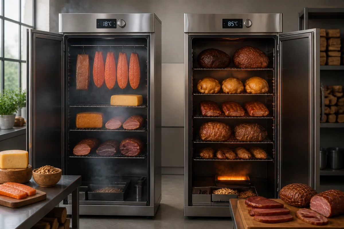 Deux fumoirs professionnels côte à côte pour fumage à froid et à chaud, avec aliments, thermomètres et copeaux de chêne en atelier inox