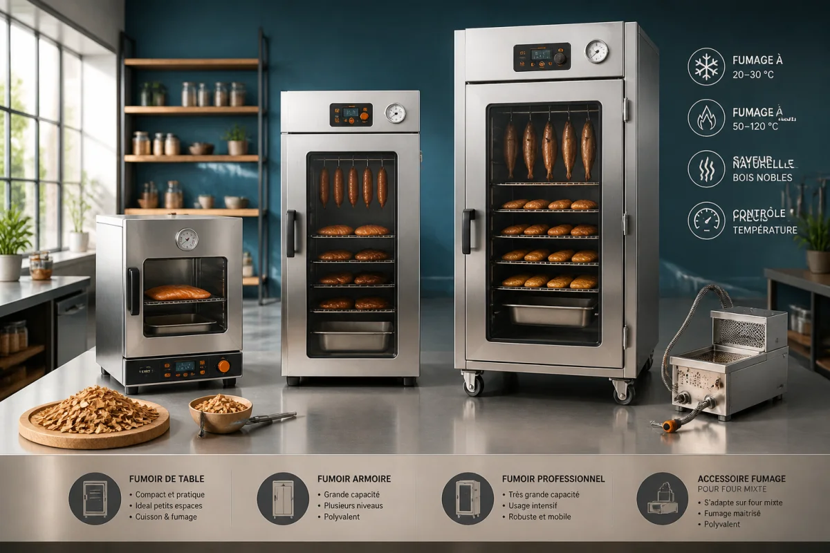 Trois fumoirs comparés dans un showroom alimentaire, illustrant l’offre d’un fabricant de fumoir et ses accessoires.