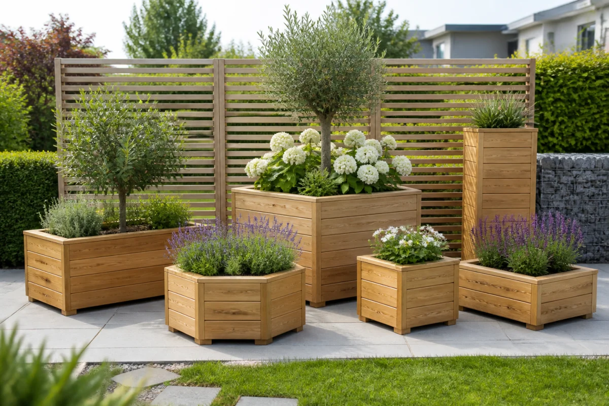 Jardinières en bois carrées, rectangulaires, hexagonales et hautes présentées sur une terrasse par un fabricant jardiniere bois