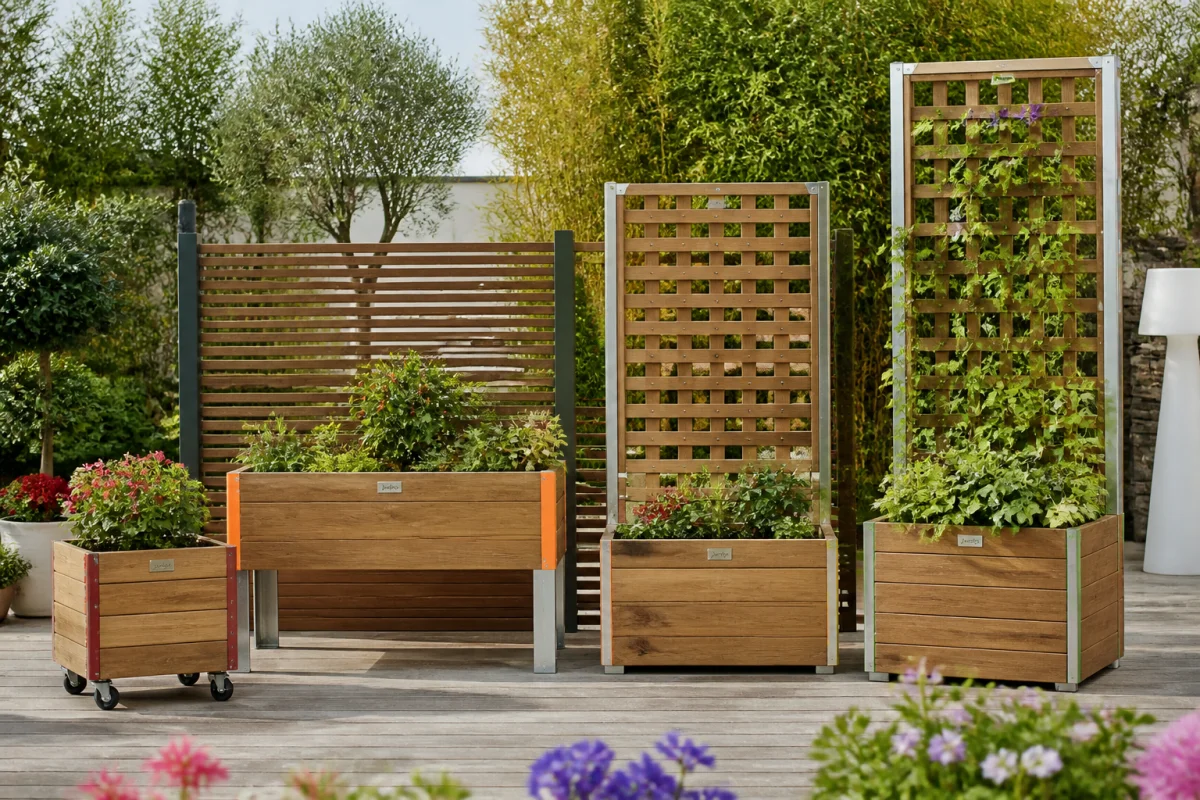Jardinières en bois personnalisables avec roulettes, pieds galvanisés, treillis et claustra sur une terrasse végétalisée