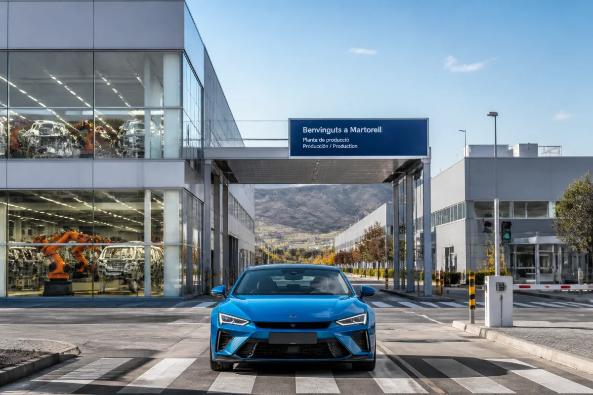 Usine automobile moderne de Martorell fabriquant des véhicules sportifs, avec robots industriels et lignes d’assemblage visibles.