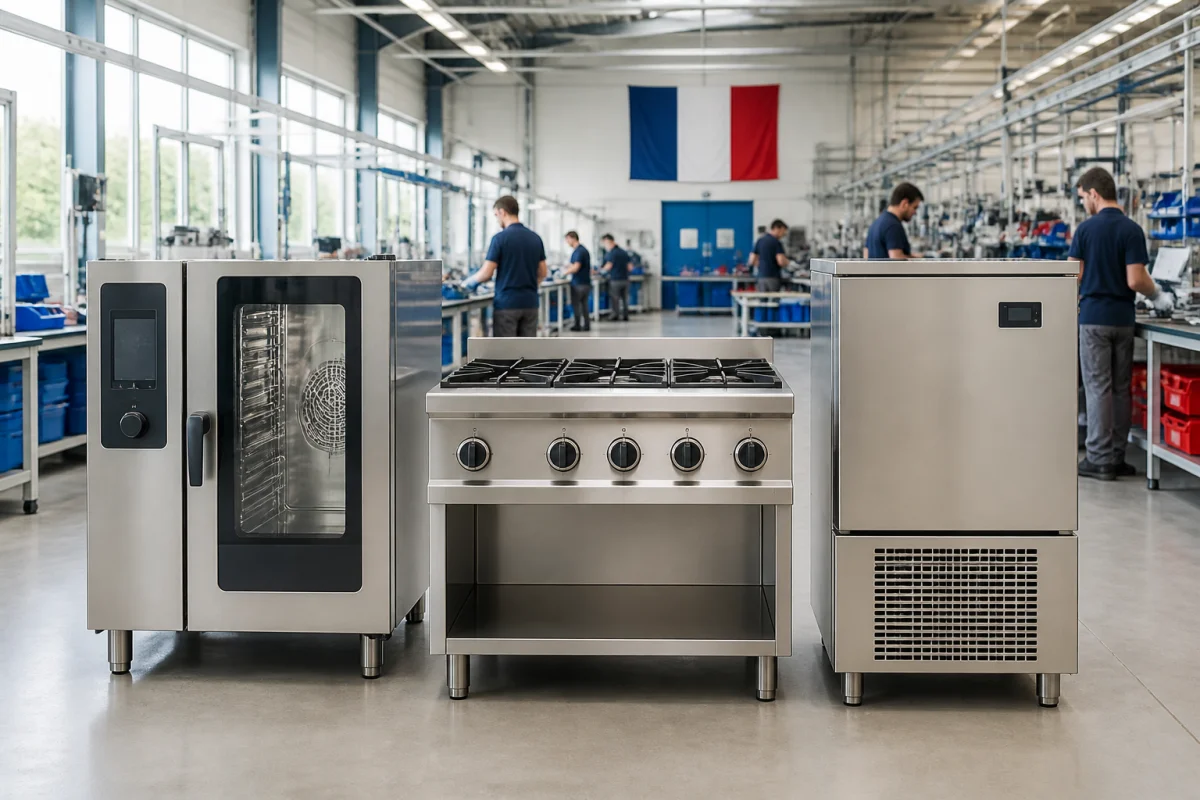 Équipements de cuisine professionnelle fabriqués en France dans un atelier industriel, avec four, cuisinière inox et cellule de refroidissement