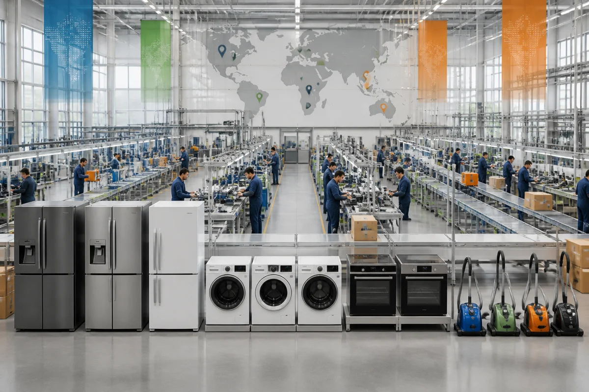 Usine moderne illustrant la fabrication internationale d’Electrolux : réfrigérateurs, lave-linge, fours et aspirateurs sur chaînes d’assemblage.