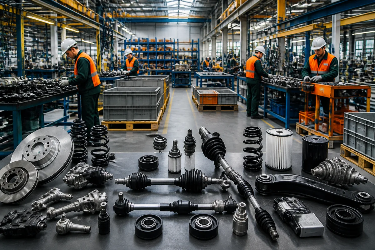 Chaîne de production de pièces automobiles de rechange en usine européenne, illustrant la fabrication de la marque NTY