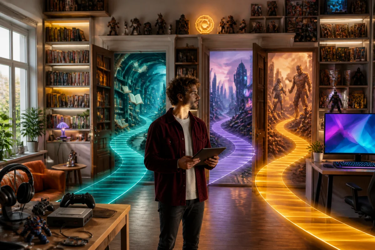 Geekodrome, espace geek contemporain reliant livres, jeux vidéo, comics et technologies autour d’une personne avec tablette