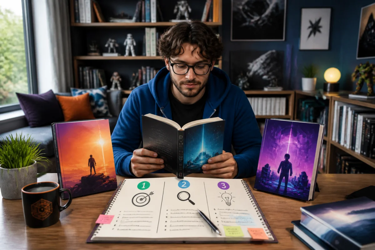 Geekodrome : lecteur passionné dans un coin lecture geek, explorant trois étapes de découverte entouré de livres, technologies et notes.