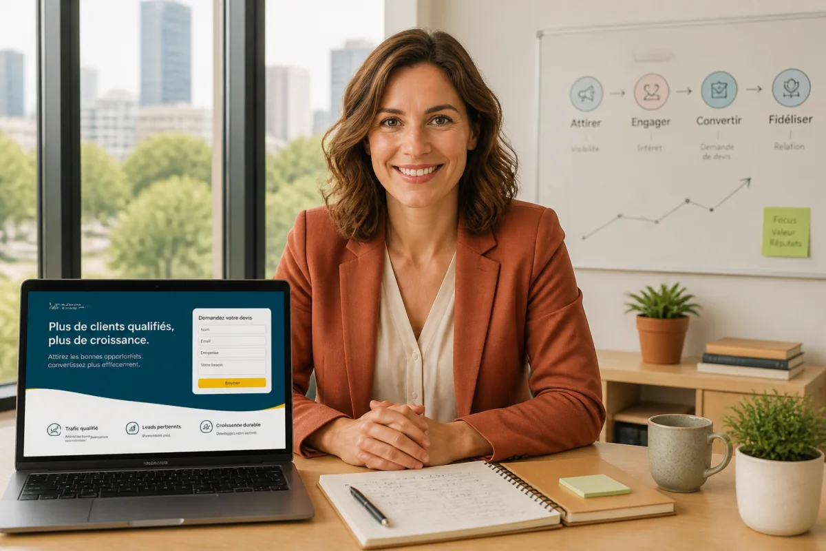 Professionnelle du marketing numérique présentant un site optimisé pour générer des leads et demandes de devis qualifiées