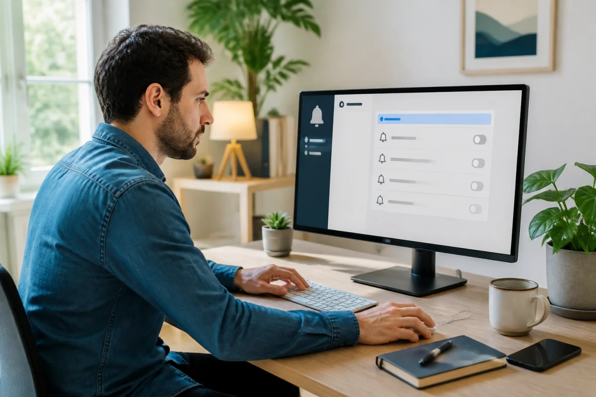 Personne ajustant les notifications numériques sur son ordinateur dans un bureau lumineux et apaisant