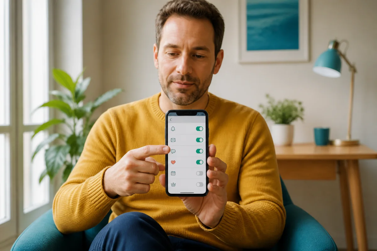 Personne réglant sereinement les notifications de son smartphone dans un intérieur lumineux et épuré
