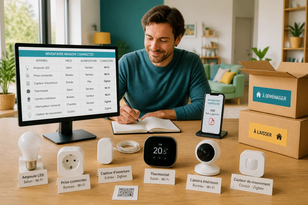 Personne inventoriant des appareils connectés avant un déménagement, avec équipements étiquetés et document numérique détaillé