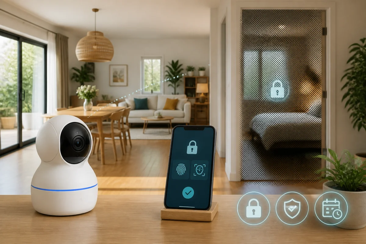 Maison connectée sécurisée avec caméra intérieure, smartphone protégé par authentification multifacteur et confidentialité des données préservée.